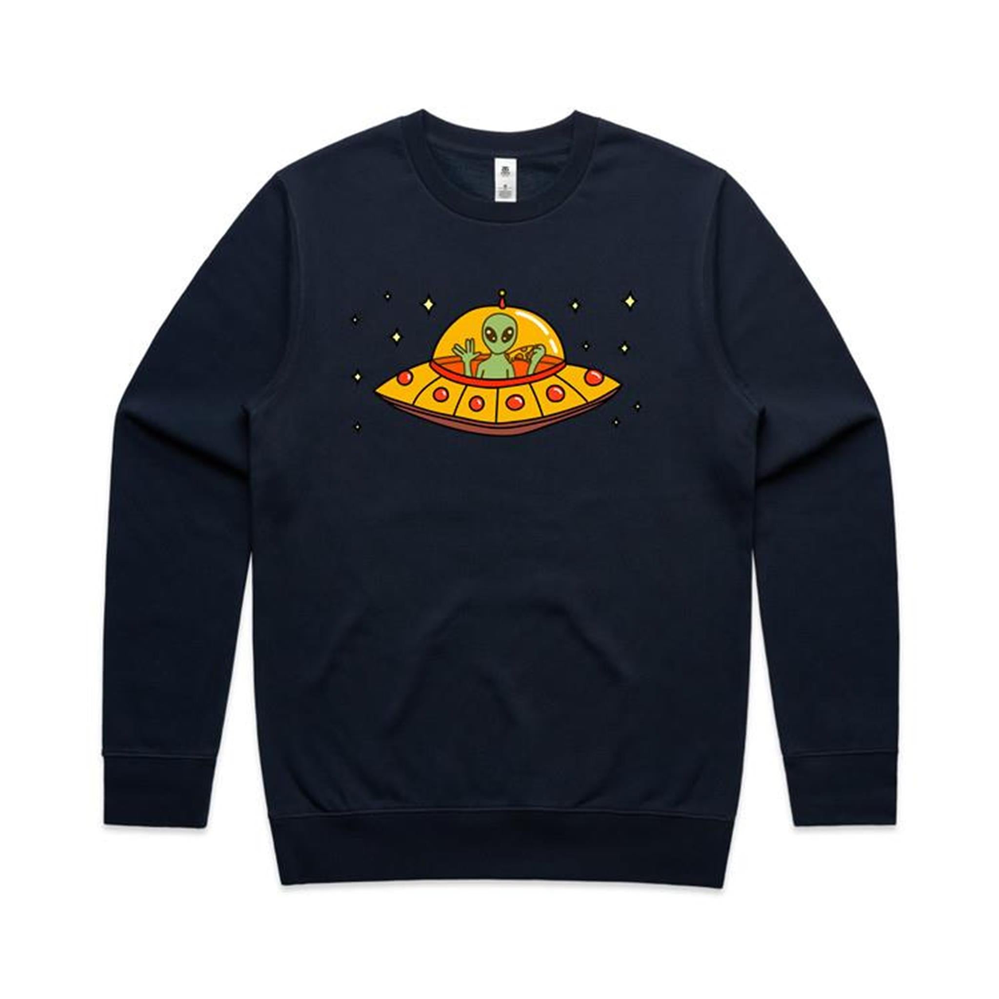 Alien Pizza - AS Colour Stencil Crew Navy Sweatshirt Food Printed In Australia Sci Fi