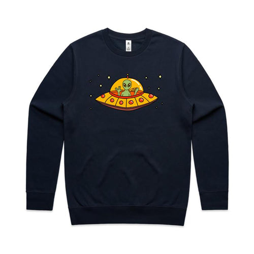 Alien Pizza - AS Colour Stencil Crew Navy Sweatshirt Food Printed In Australia Sci Fi