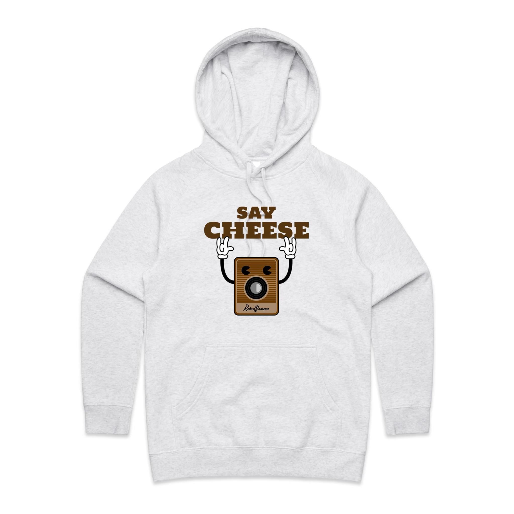 Say Cheese, Retro Camera - Womens Hoodie White Marle Womens Hoodie Printed In Australia Retro Tech