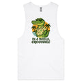 In A While, Crocodile Men's AS Colour Tank Top Tee White Drop Arm Tank Top animal Printed In Australia