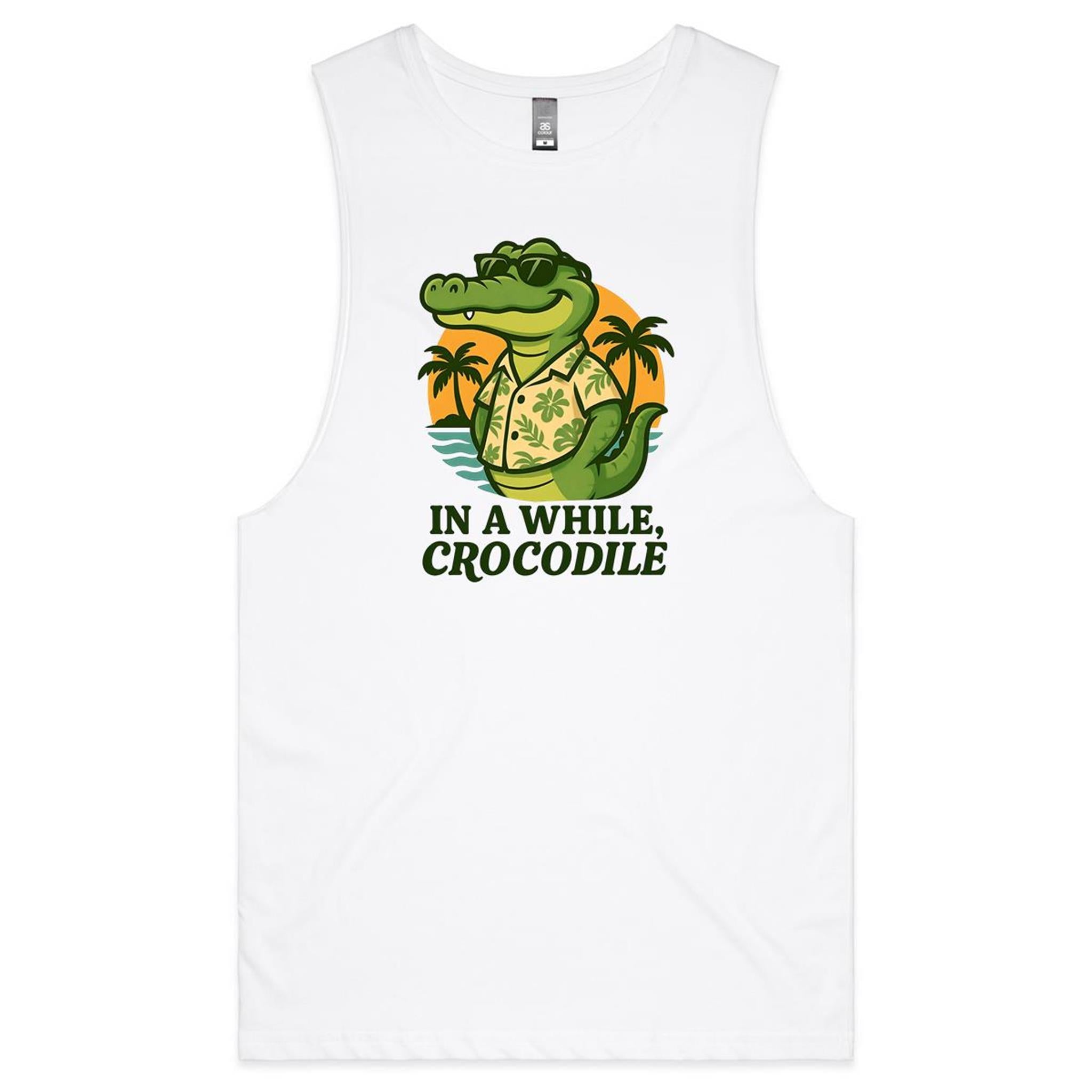 In A While, Crocodile Men's AS Colour Tank Top Tee White Drop Arm Tank Top animal Printed In Australia