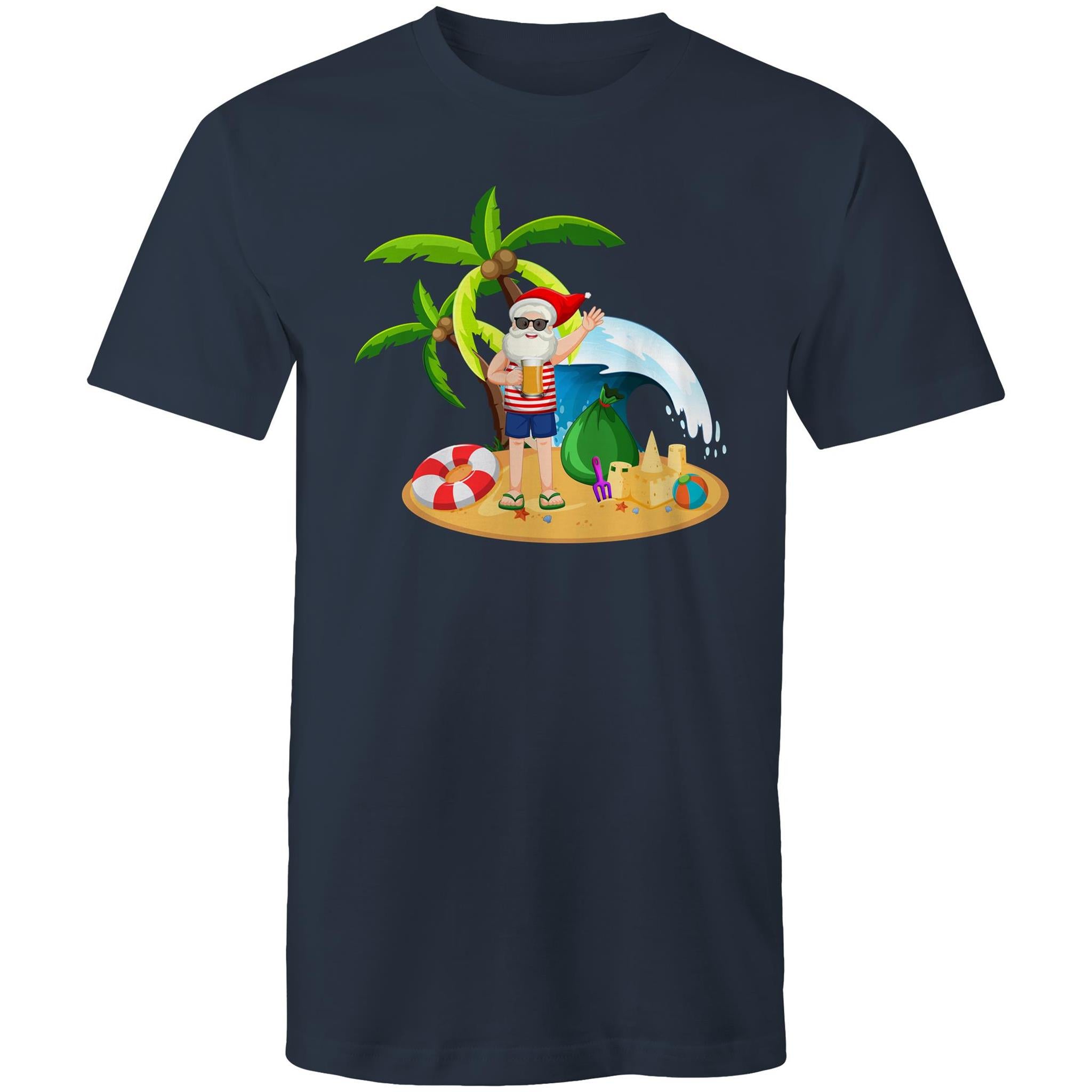 Surf Summer Santa - Mens T-Shirt Navy Mens Christmas T-shirt Christmas Printed In Australia
