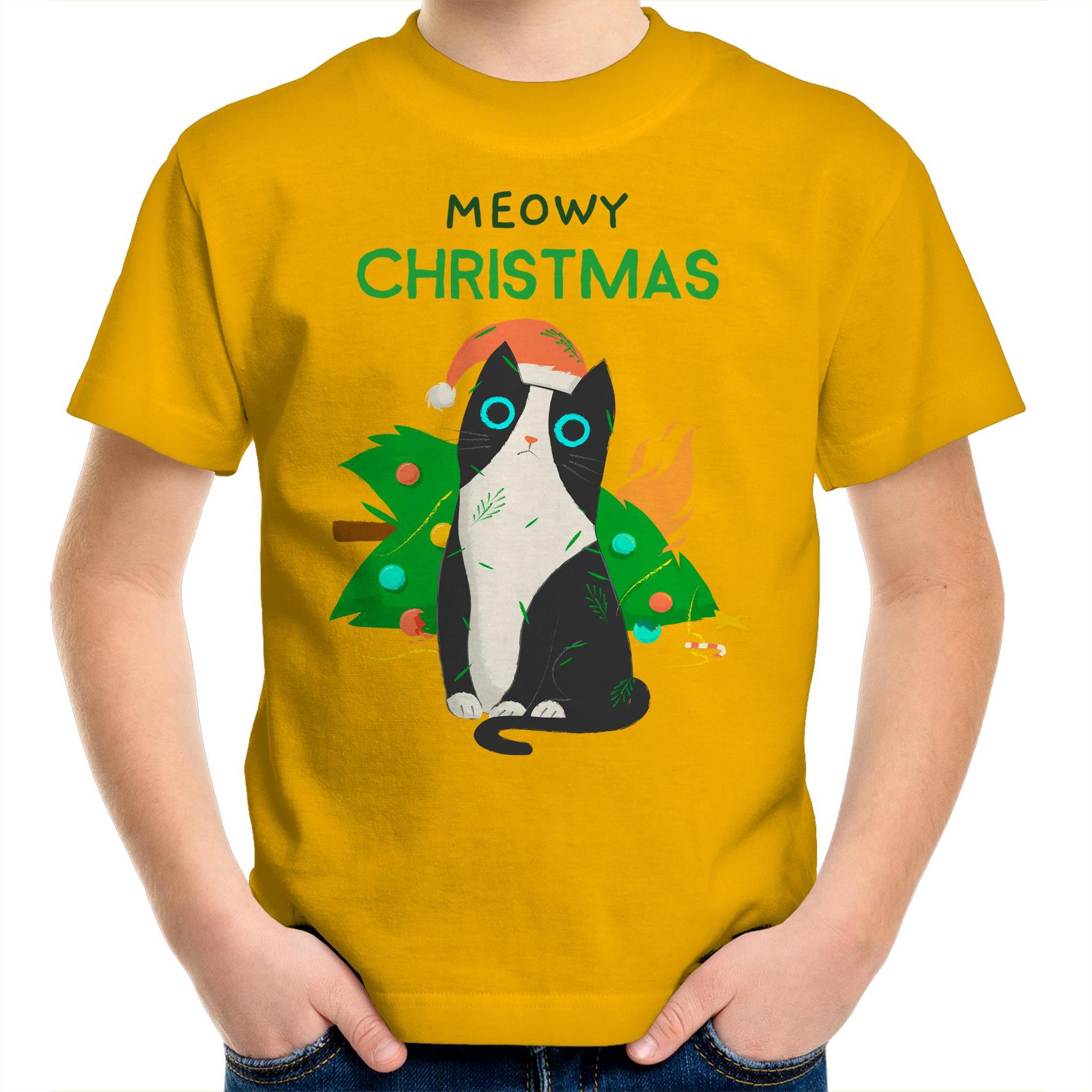 Meowy Christmas - Kids Youth T-Shirt Gold Kids Christmas T-shirt Christmas Printed In Australia