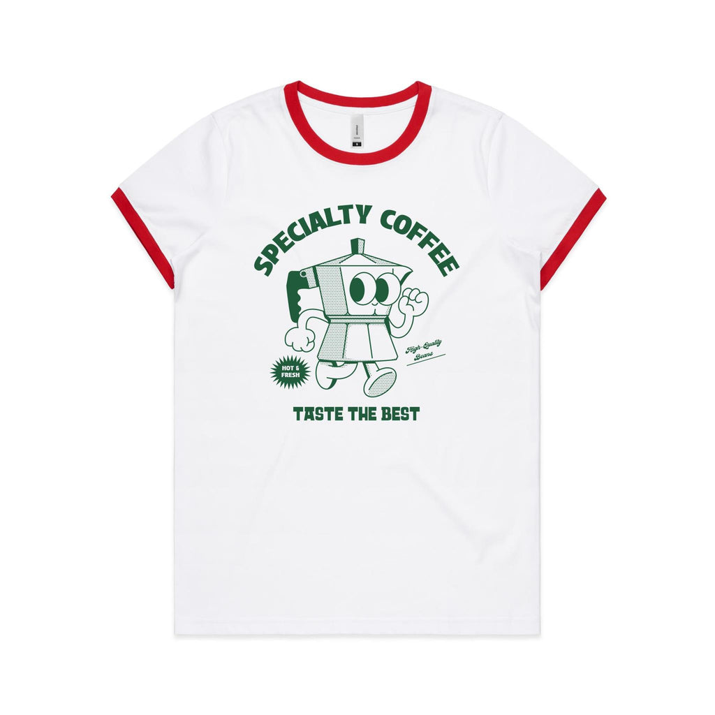 Specialty Coffee - Women's Ringer Tee White Red Womens Ringer T-shirt Coffee Printed In Australia