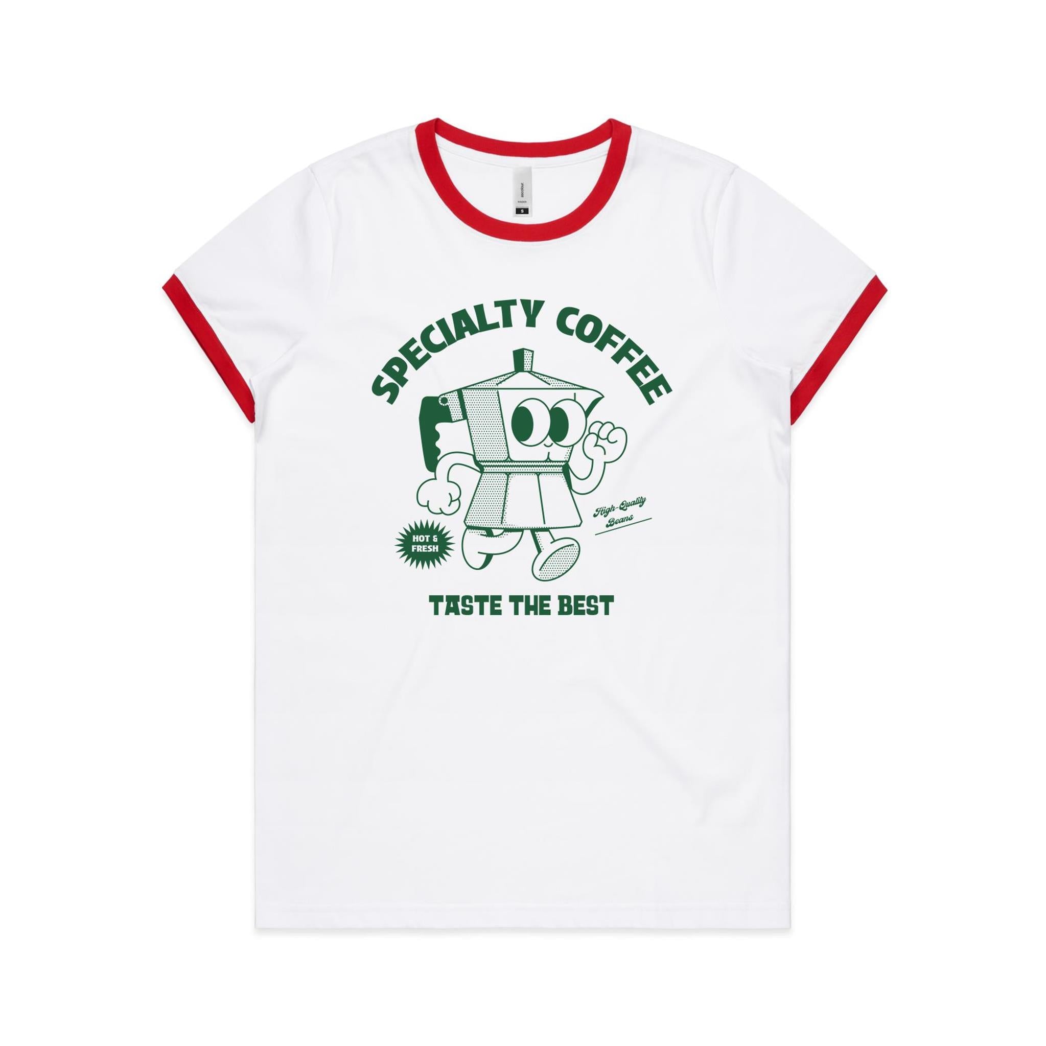 Specialty Coffee - Women's Ringer Tee White Red Womens Ringer T-shirt Coffee Printed In Australia