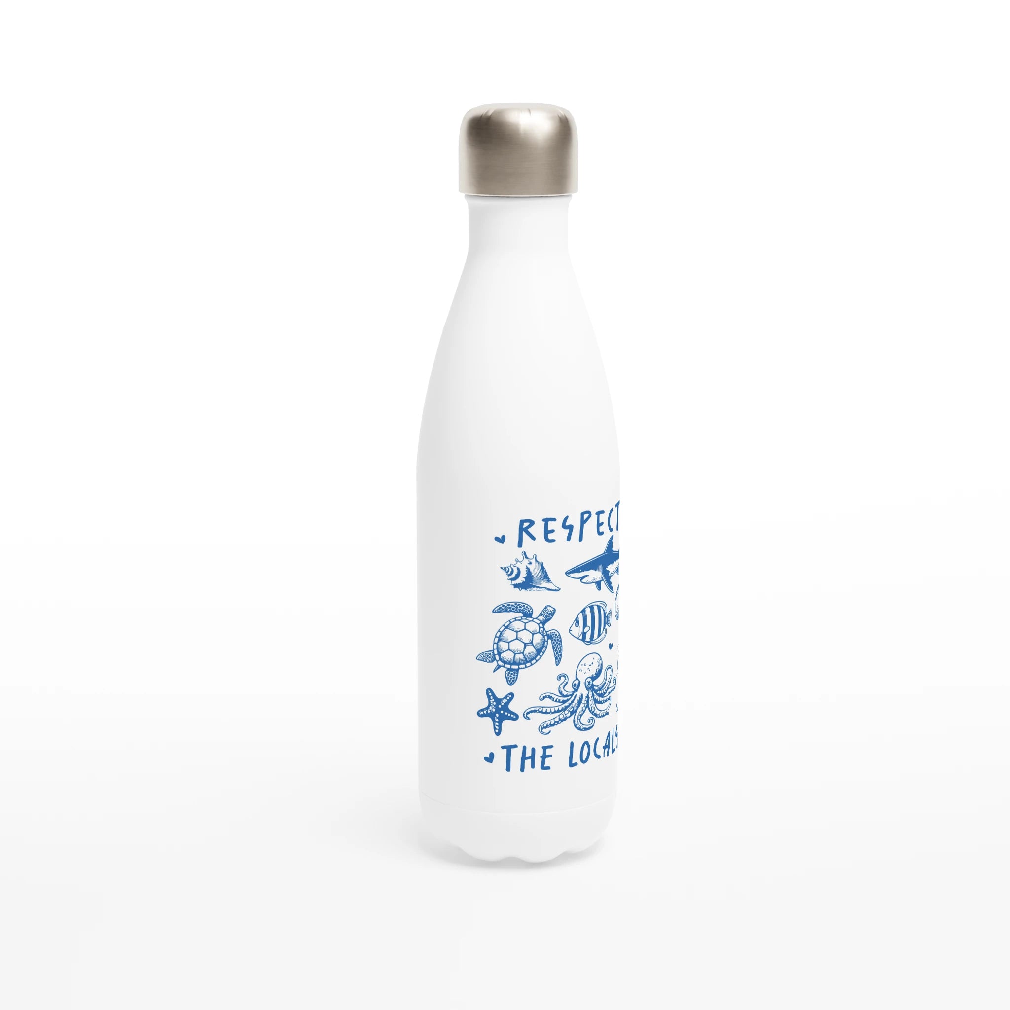 Respect The Locals, Sea Life - White 17oz Stainless Steel Water Bottle White Water Bottle animal Globally Fulfilled Ocean Surf