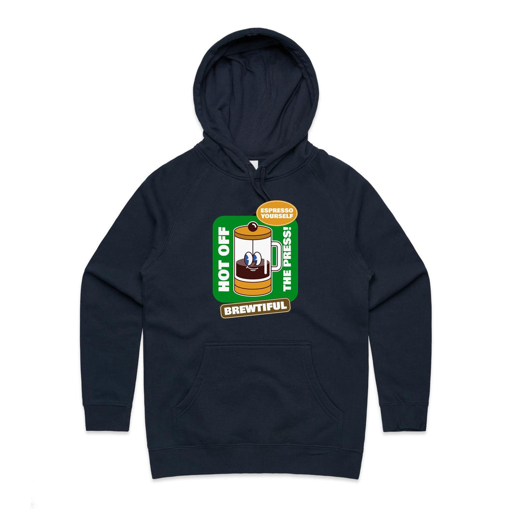 Brewtiful, Coffee Press - Womens Hoodie Navy Womens Hoodie Coffee Printed In Australia