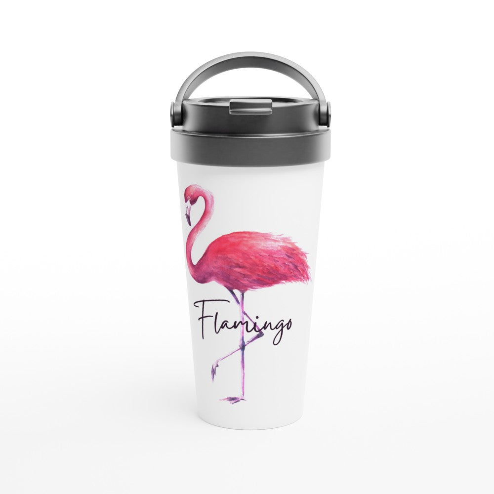 Flamingo - White 15oz Stainless Steel Travel Mug Travel Mug animal Coffee Globally Fulfilled