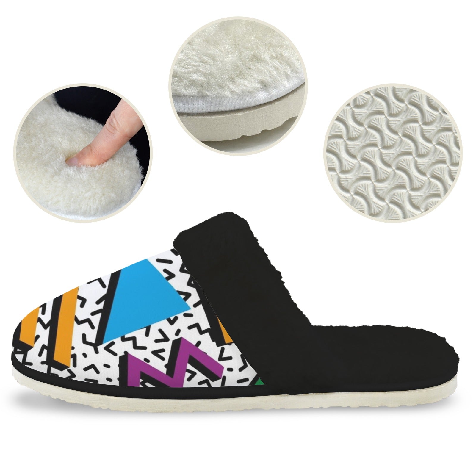 80's Abstract - Women's Fur Trim Thick-Sole Indoor Slippers Women's Fur Trimmed Slippers Printed Offshore Retro