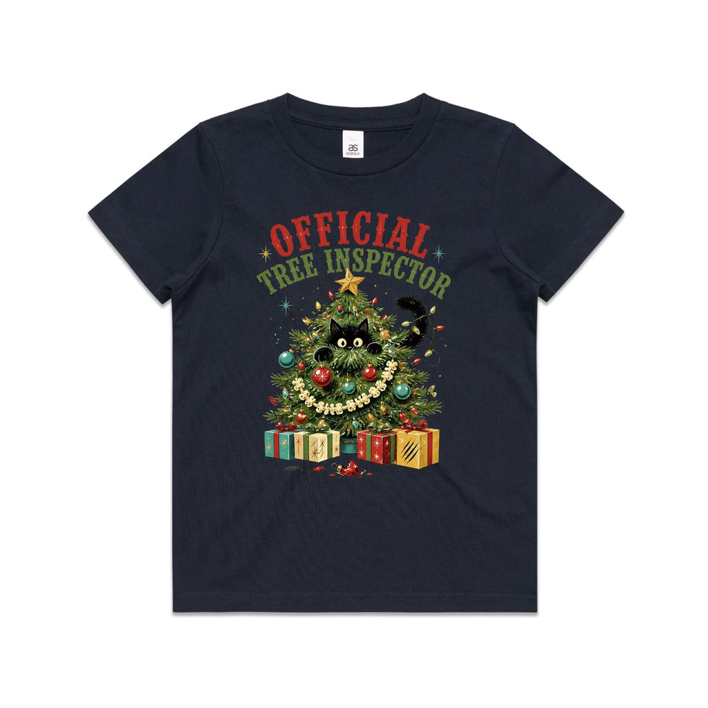 Official Tree Inspector Cat Kids Christmas T-shirt Navy Kids Christmas T-shirt Christmas Printed In Australia