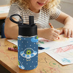 Cute Aliens in UFOs 12oz Kids Water Bottle with Straw Lid