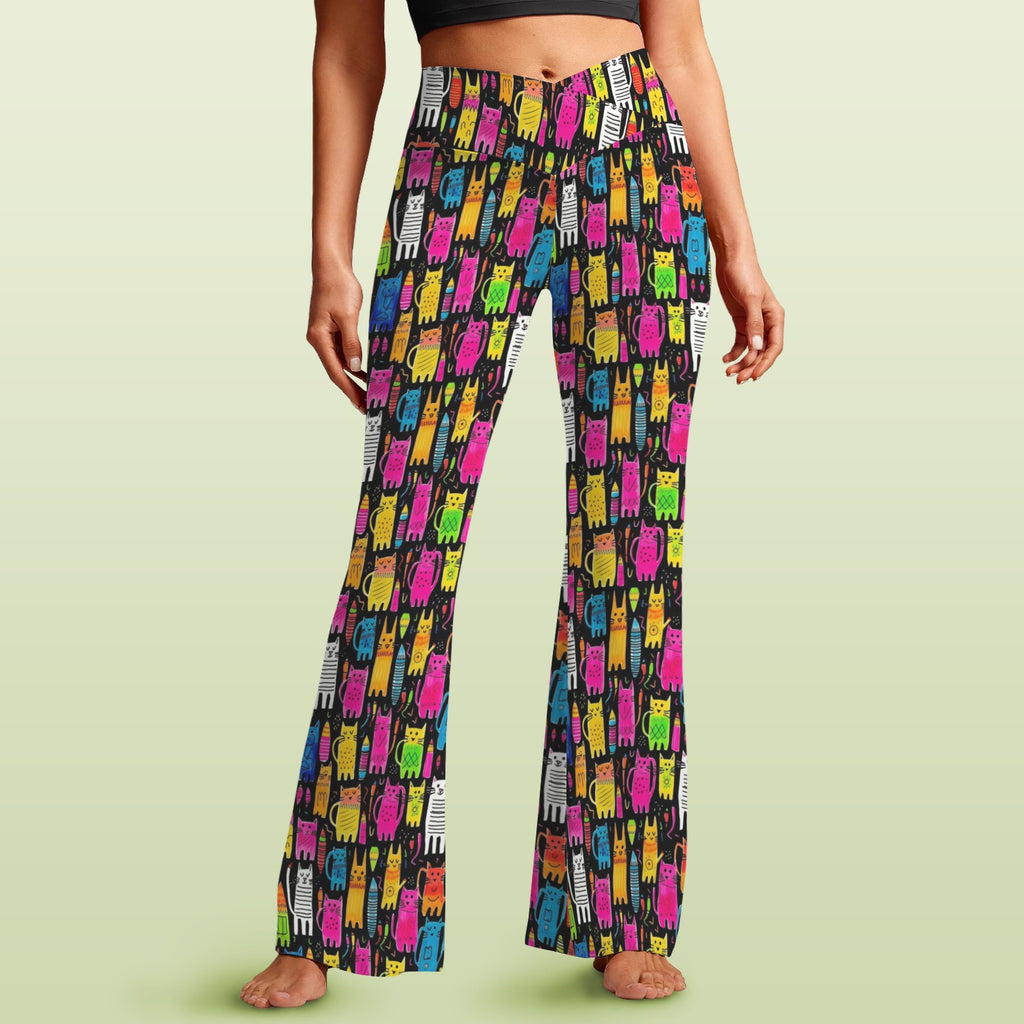 Colourful Cats High Waist Crossover Tummy Control Flare Leggings 5XL High Waist Flare Leggings animal Printed Offshore