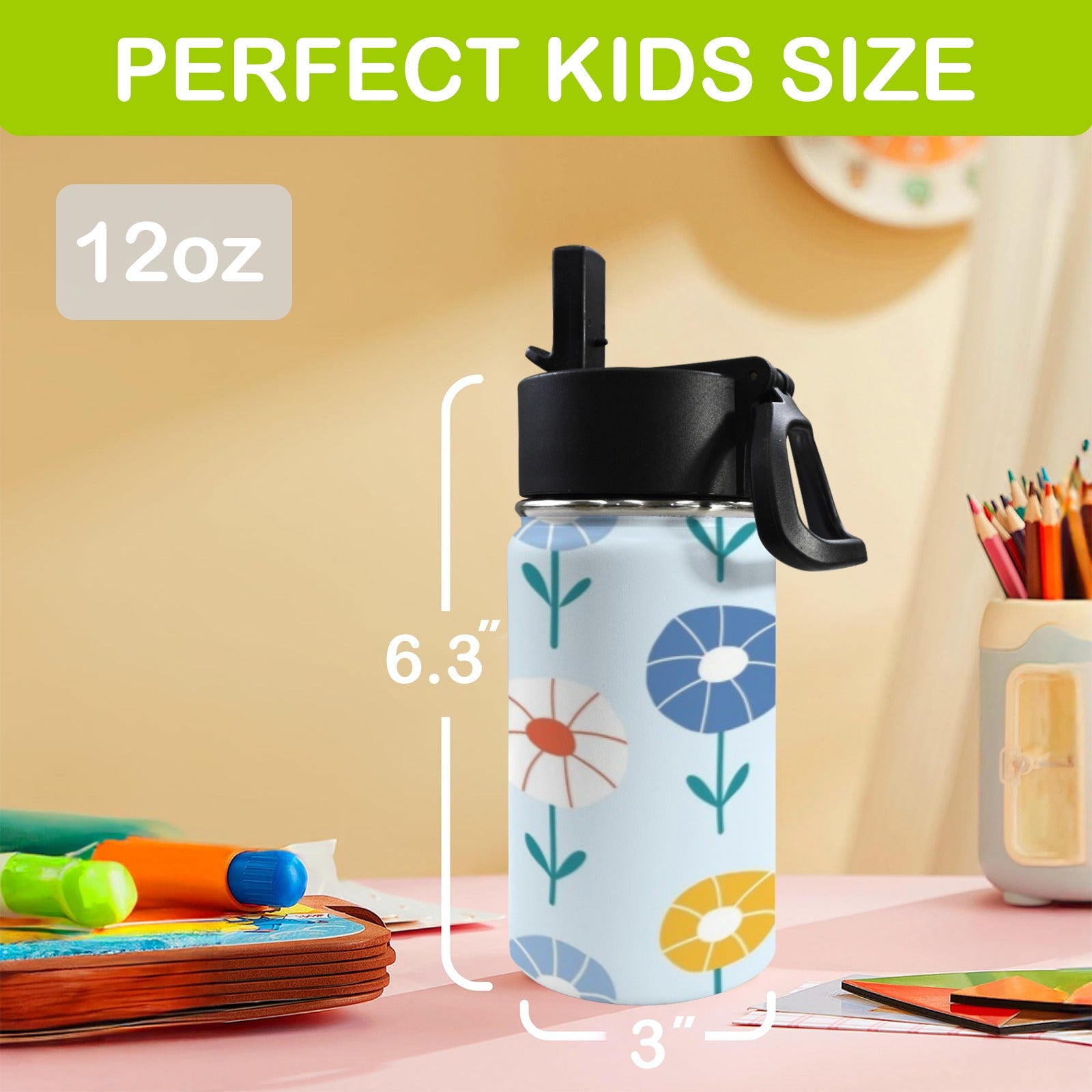 Abstract Cute Flowers 12oz Kids Water Bottle with Straw Lid
