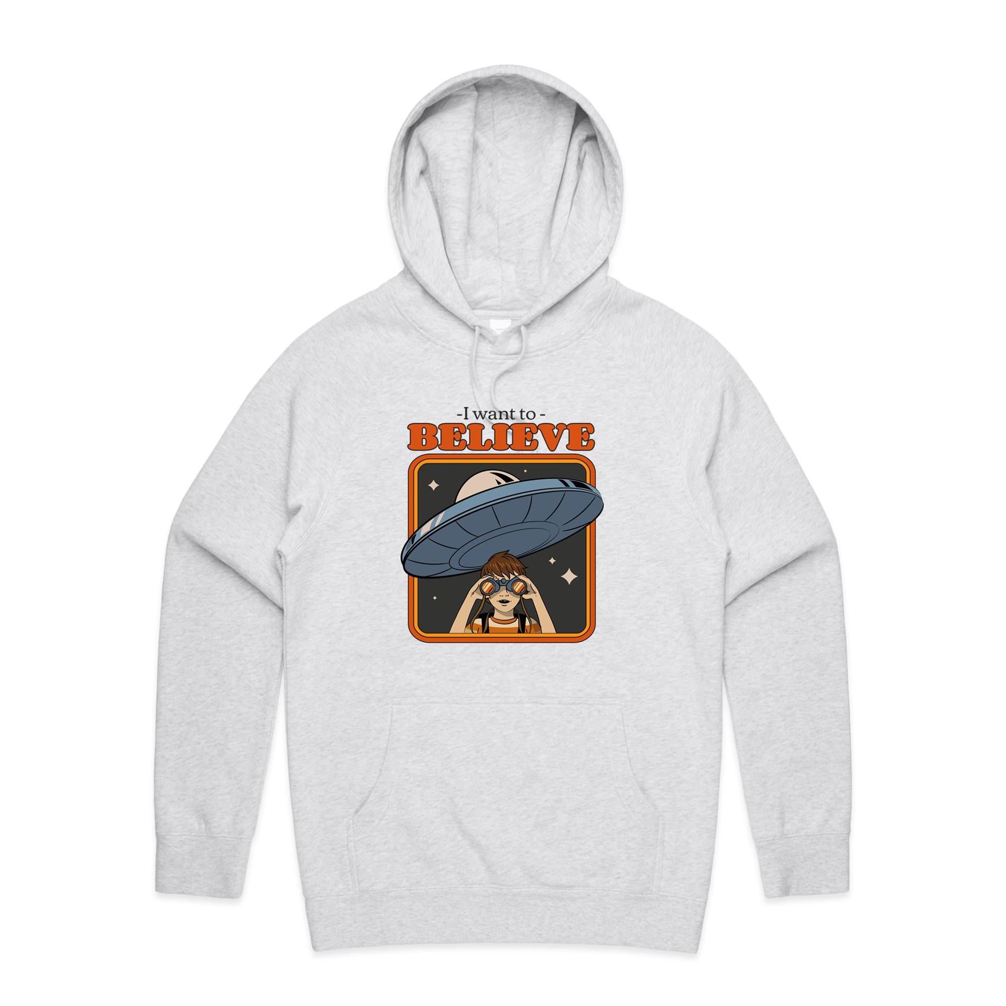 UFO, I Want To Believe - Mens Hoodie White Marle Mens Hoodie Printed In Australia Sci Fi