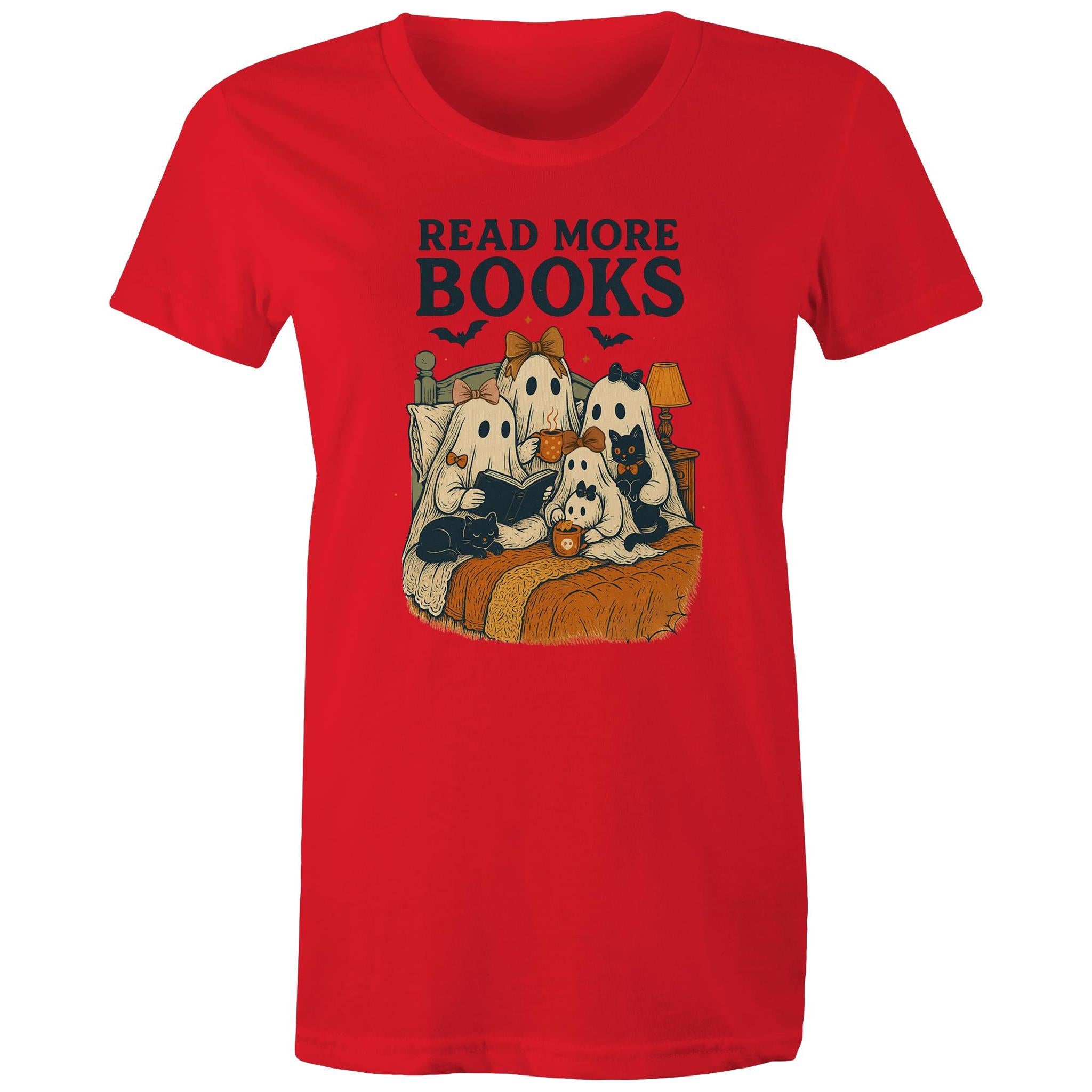 Read More Books, Halloween Ghosts - Womens T-shirt Red Womens T-shirt Halloween Printed In Australia Reading