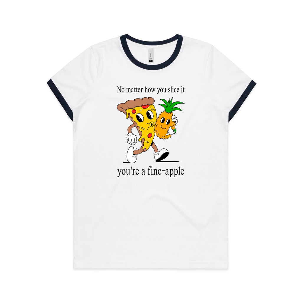 Pineapple Pizza - Women's Ringer Tee White Navy Womens Ringer T-shirt Food Printed In Australia