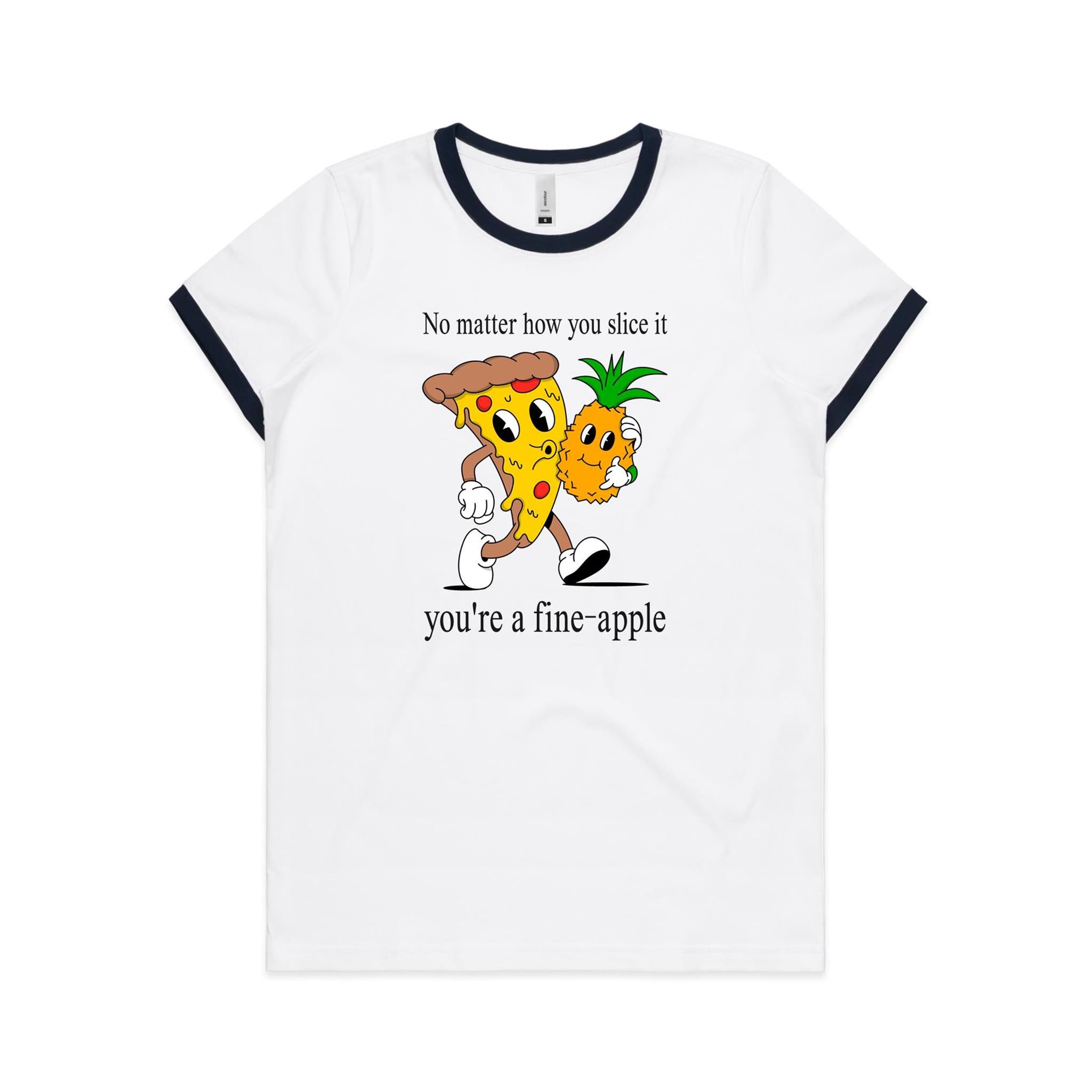 Pineapple Pizza - Women's Ringer Tee White Navy Womens Ringer T-shirt Food Printed In Australia