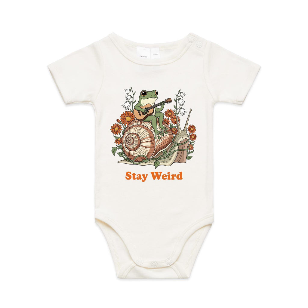 Stay Weird, Guitar Playing Frog On A Snail AS Colour Baby Bodysuit Natural Baby Bodysuit animal Music Printed In Australia
