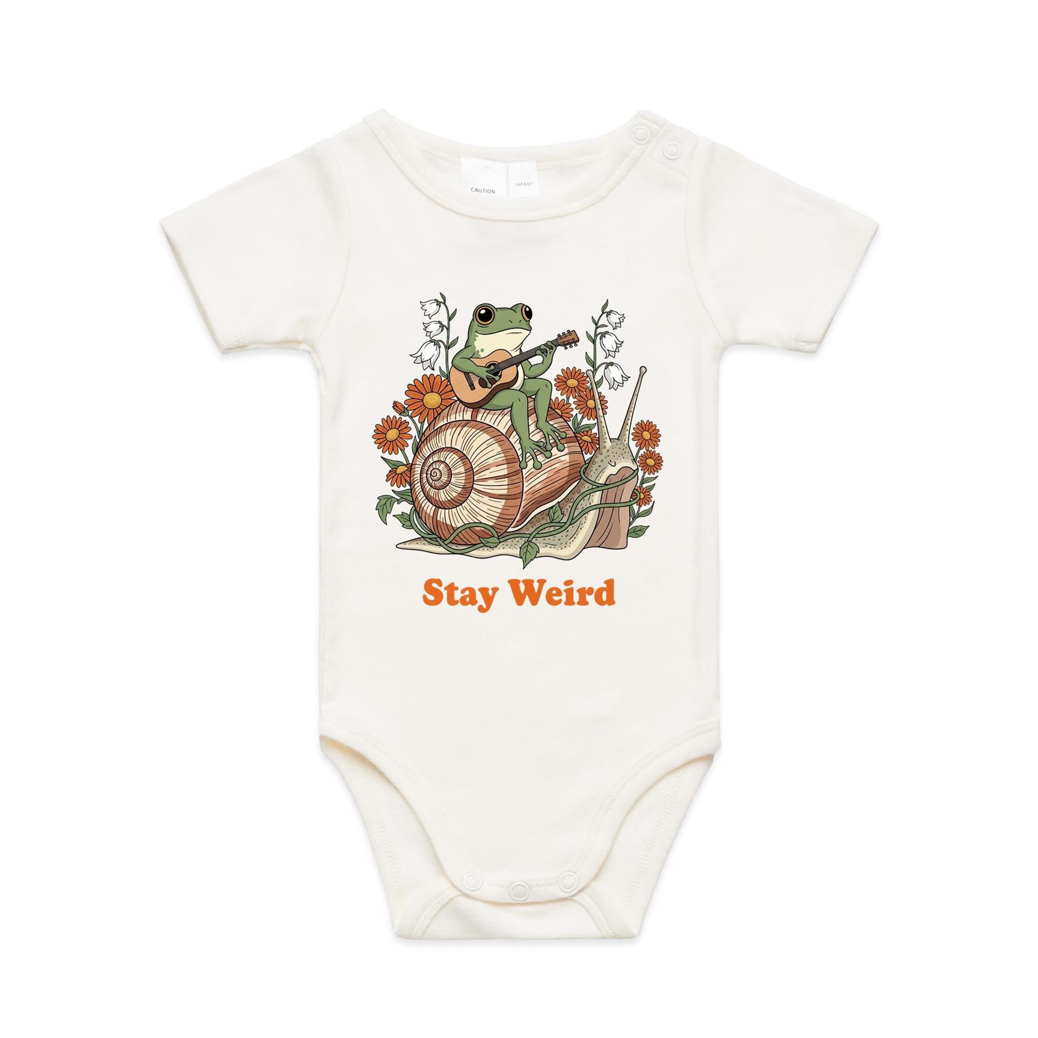 Stay Weird, Guitar Playing Frog On A Snail AS Colour Baby Bodysuit Natural Baby Bodysuit animal Music Printed In Australia