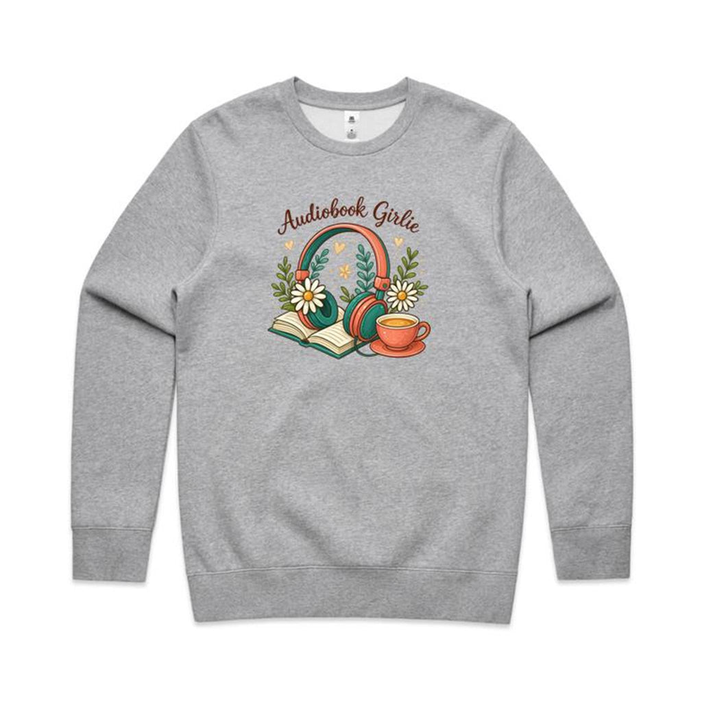 Audiobook Girlie - AS Colour Stencil Crew Grey Marle Sweatshirt Printed In Australia Reading