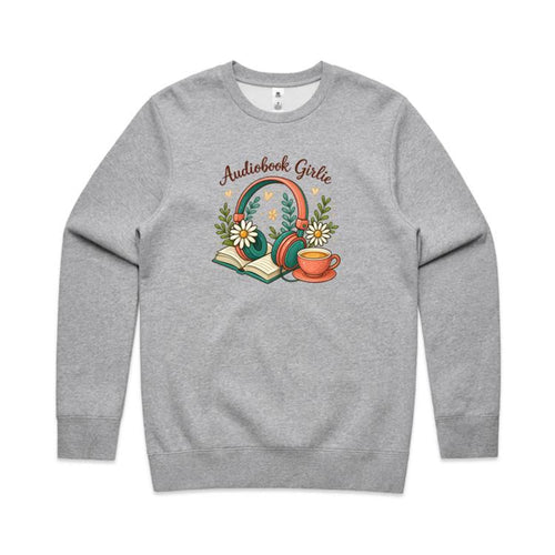 Audiobook Girlie - AS Colour Stencil Crew Grey Marle Sweatshirt Printed In Australia Reading