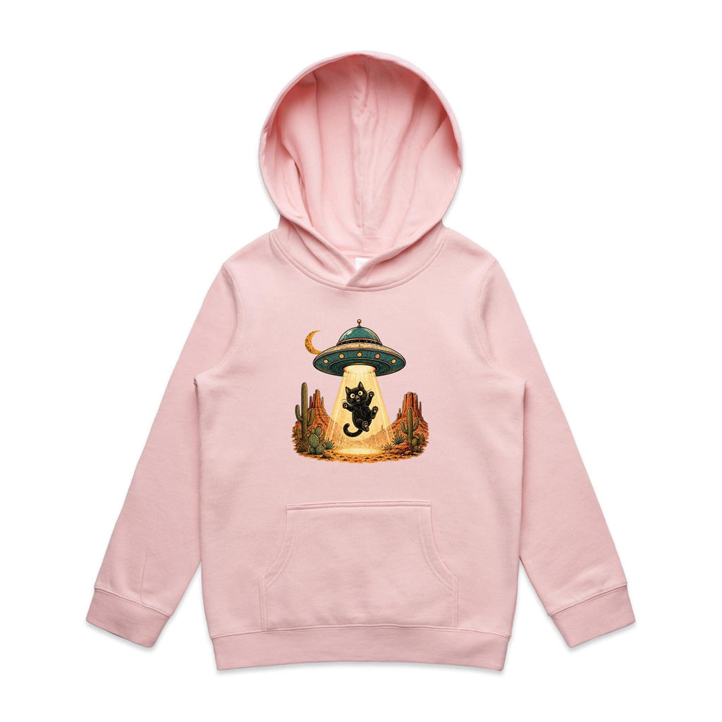 Black Cat Alien UFO Abduction Kids AS Colour Hoodie