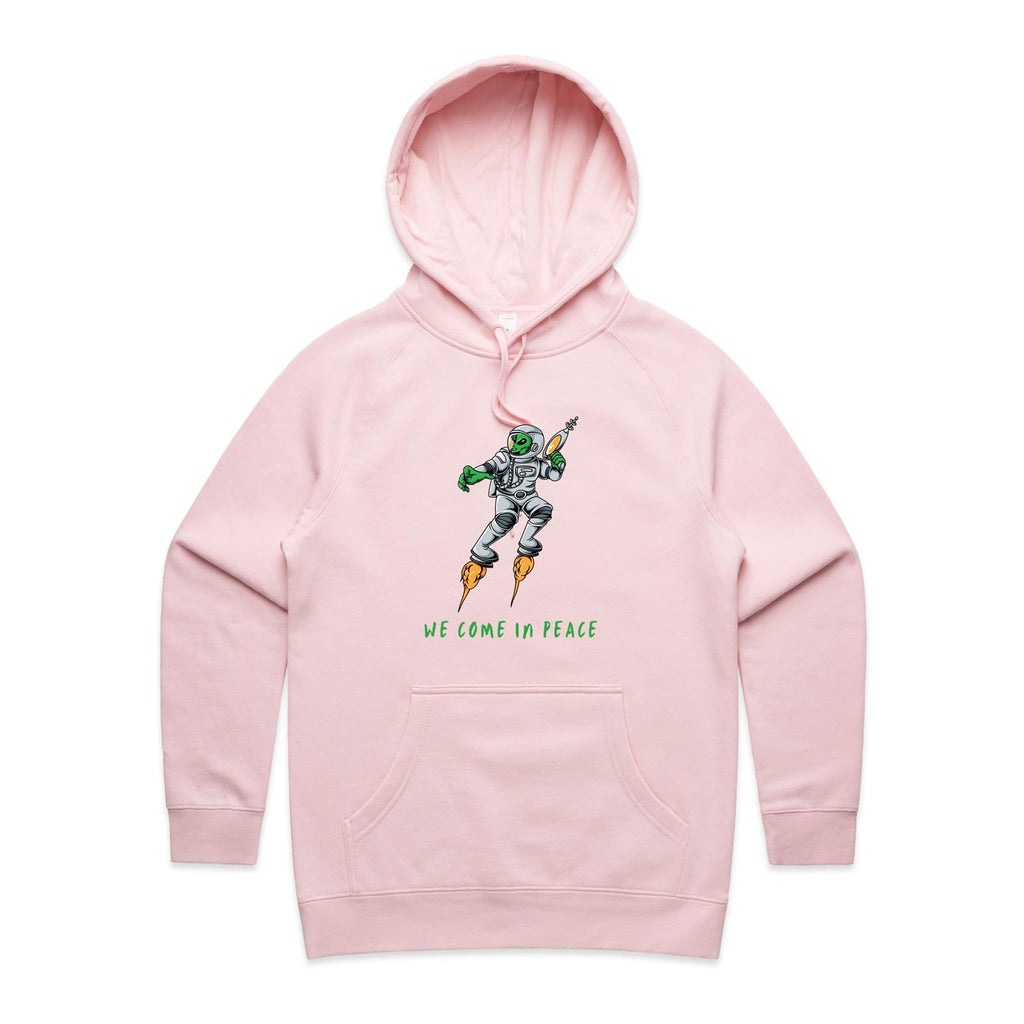 Alien Invasion, We Come In Peace - Womens Hoodie Pink Womens Hoodie Printed In Australia Sci Fi