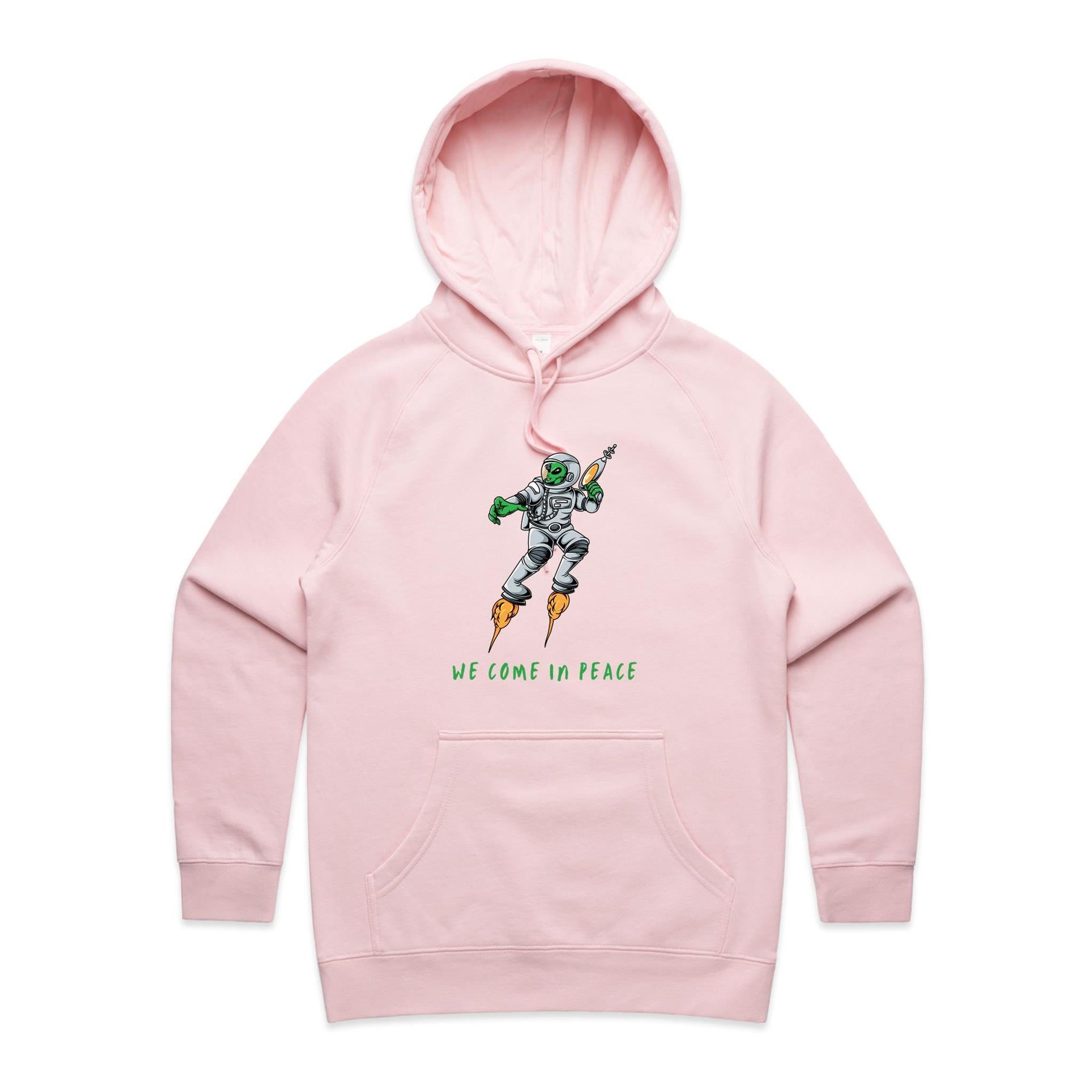 Alien Invasion, We Come In Peace - Womens Hoodie Pink Womens Hoodie Printed In Australia Sci Fi