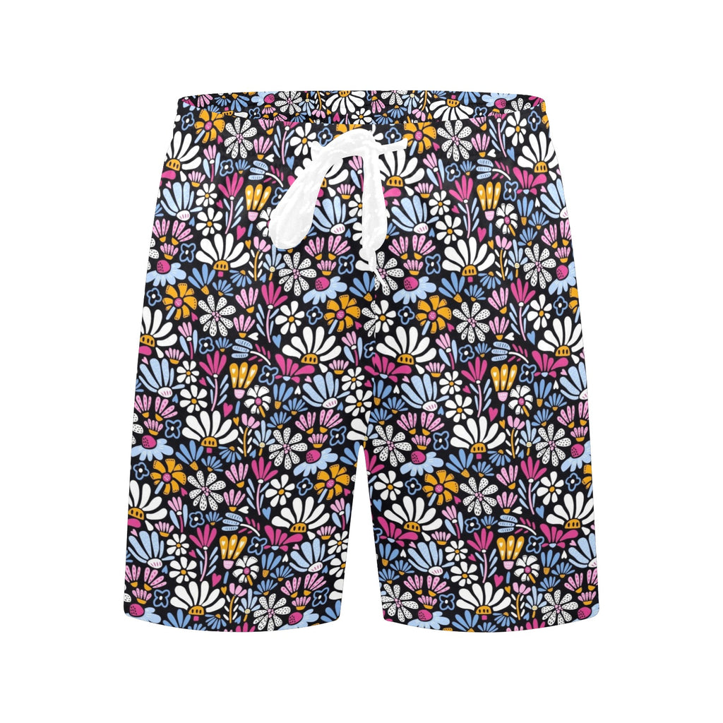 Graphic Flowers On Black Men's Mid-Length Beach Shorts Men's Mid-Length Beach Shorts Plants Printed Offshore