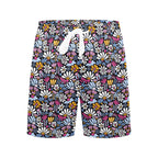 Graphic Flowers On Black Men's Mid-Length Beach Shorts Men's Mid-Length Beach Shorts Plants Printed Offshore