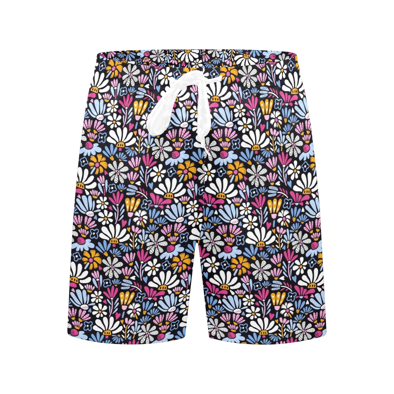 Graphic Flowers On Black Men's Mid-Length Beach Shorts Men's Mid-Length Beach Shorts Plants Printed Offshore