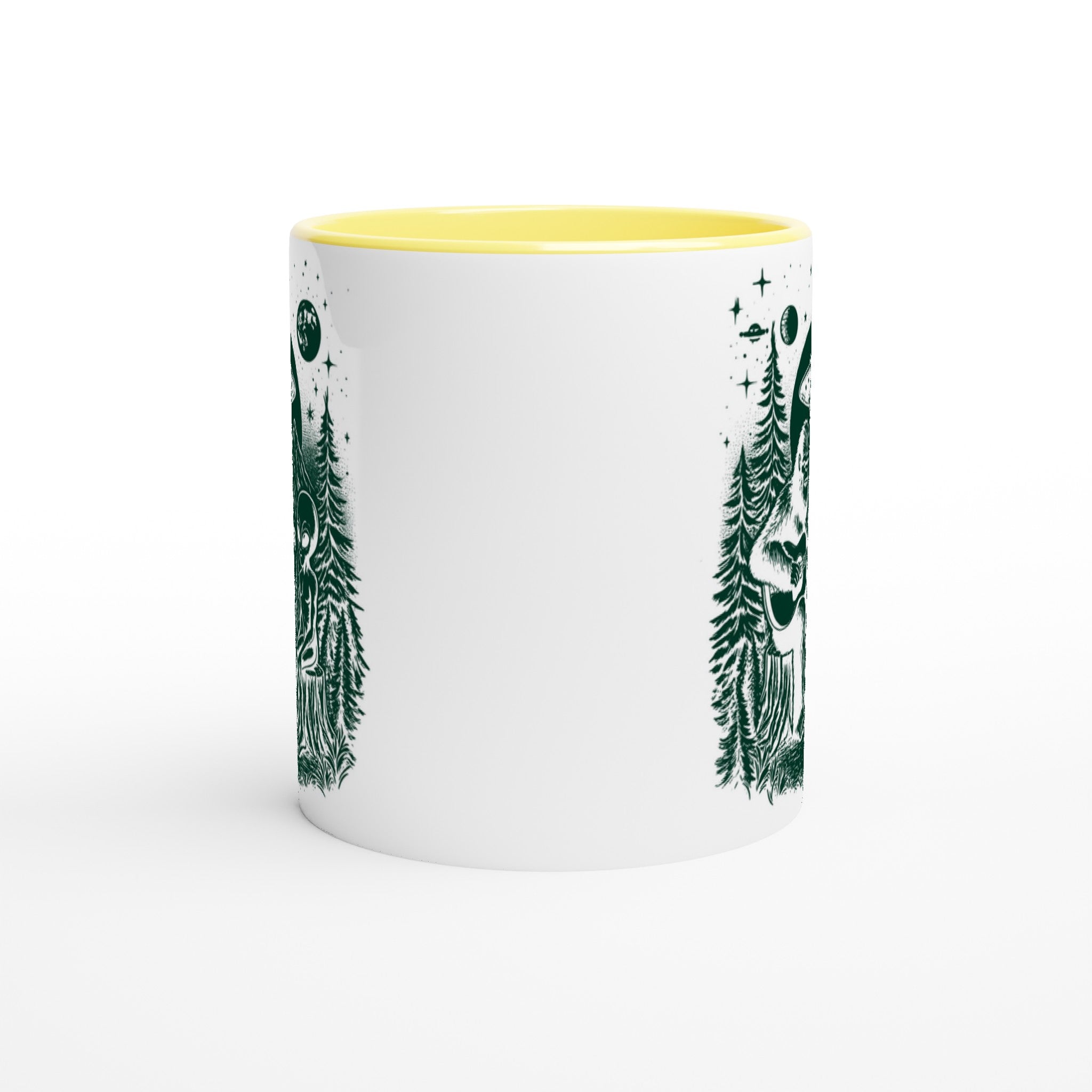 Alien And Bigfoot Play Guitar - White 11oz Ceramic Mug with Color Inside Colour 11oz Mug Globally Fulfilled Music Sci Fi