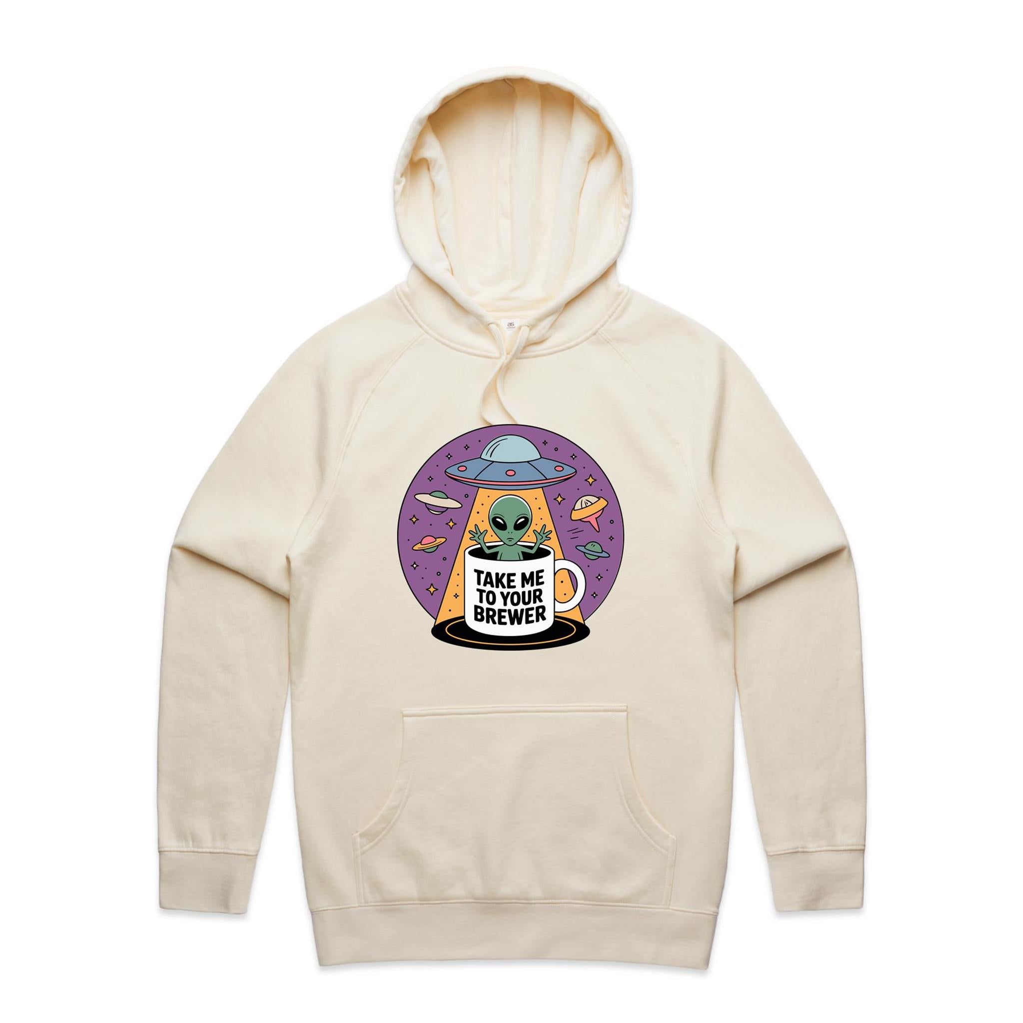 Coffee, Alien, UFO, Take Me To Your Brewer Men's AS Colour Hoodie Ecru Mens Hoodie Coffee Printed In Australia Sci Fi