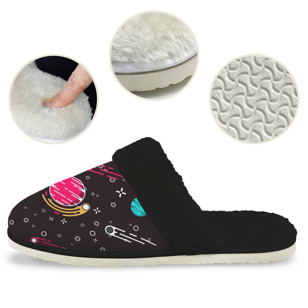 Planet Orbit Women's Fur Trim Thick-Sole Indoor Slippers Women's Fur Trimmed Slippers Printed Offshore Space