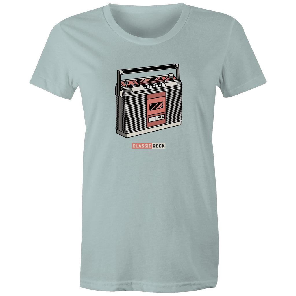 Classic Rock, Cassette Player - Womens T-shirt Pale Blue Womens T-shirt Music Printed In Australia Retro