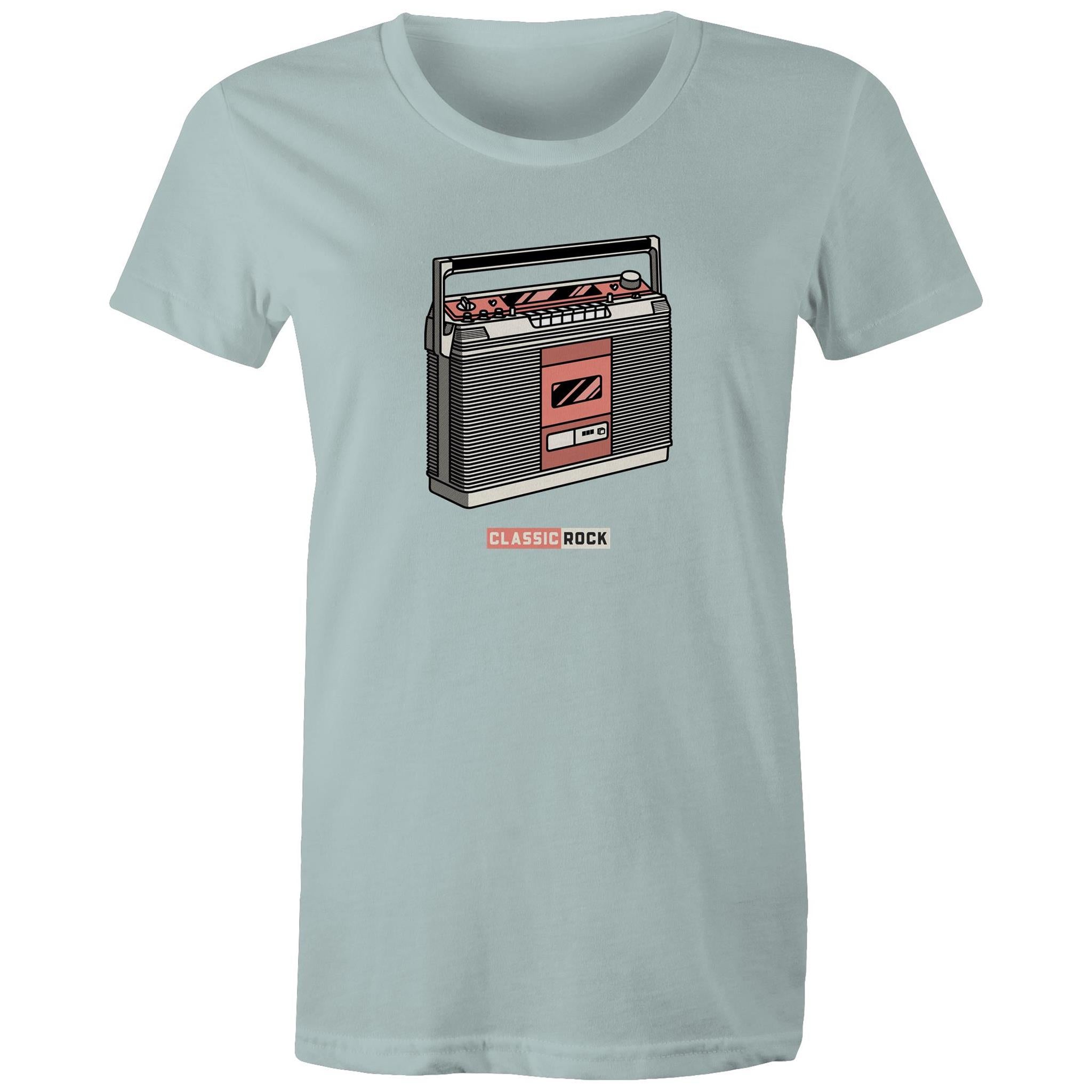 Classic Rock, Cassette Player - Womens T-shirt Pale Blue Womens T-shirt Music Printed In Australia Retro