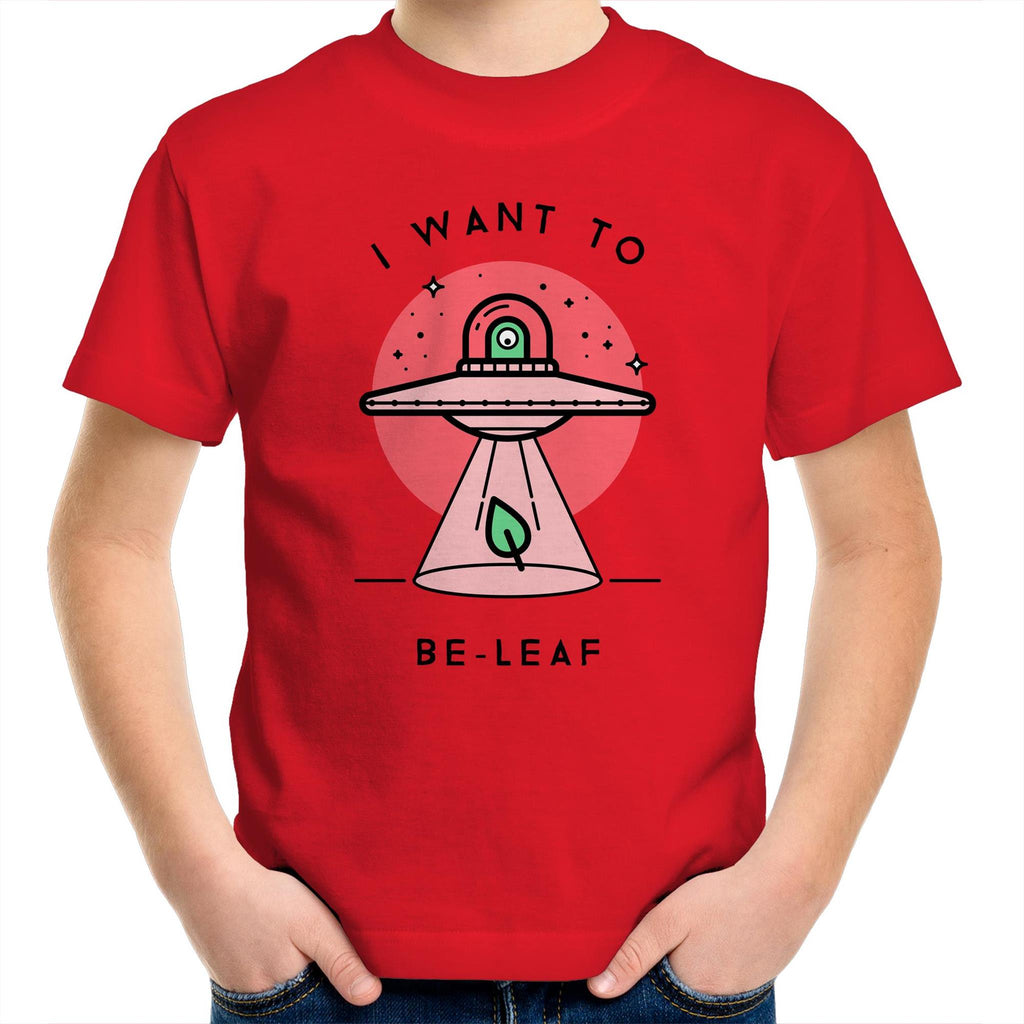 I Want To Be-Leaf, Alien, UFO - Kids Youth T-Shirt Red Kids Youth T-shirt Printed In Australia Sci Fi