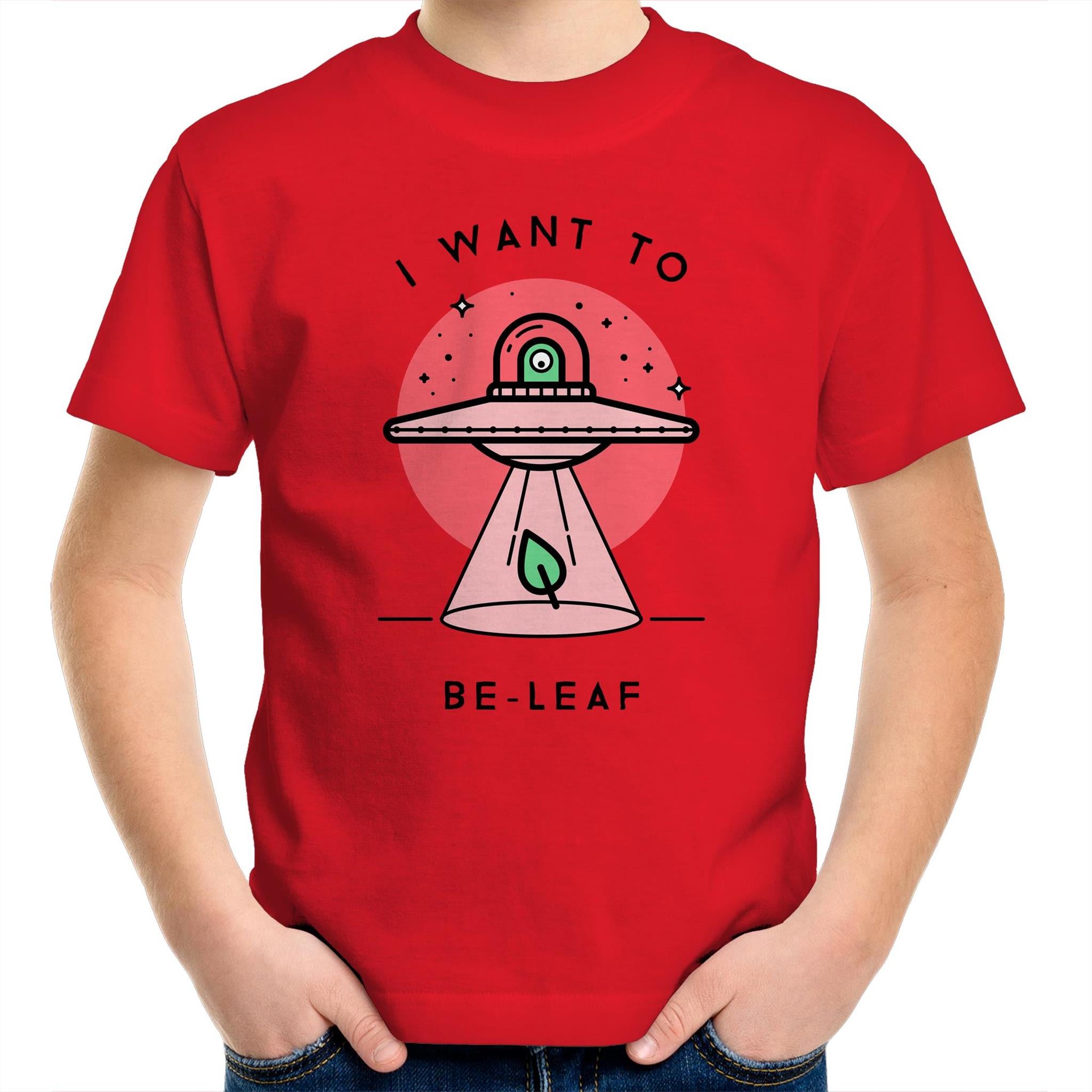I Want To Be-Leaf, Alien, UFO - Kids Youth T-Shirt Red Kids Youth T-shirt Printed In Australia Sci Fi