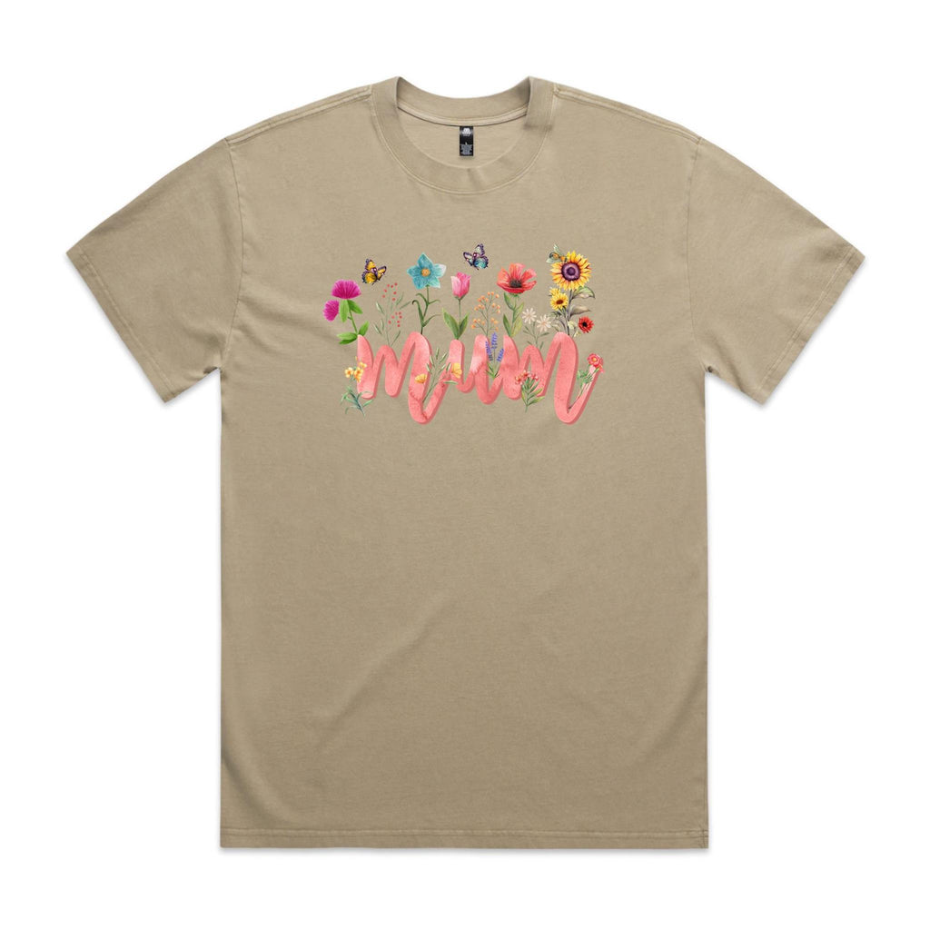 Mum, Flowers AS Colour Heavy Faded Tee Unisex Faded khaki Heavy Faded T-shirt Mum Printed In Australia