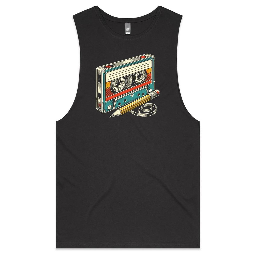 Cassette Tape And Pencil - Mens Tank Top Tee Coal Drop Arm Tank Top Music Printed In Australia Retro