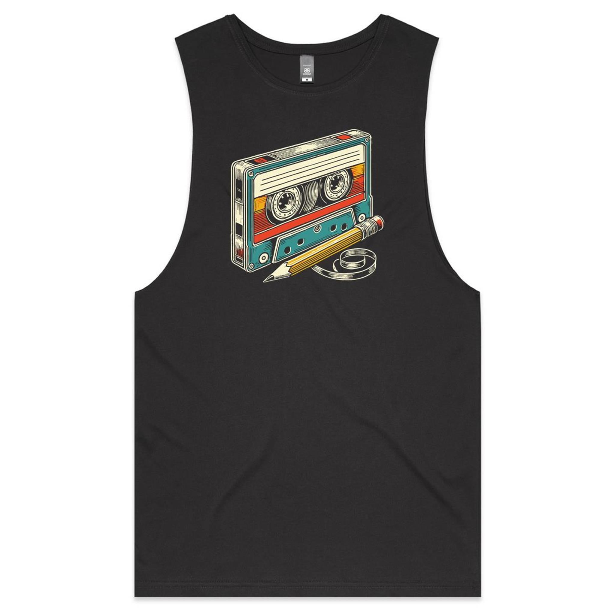 Cassette Tape And Pencil - Mens Tank Top Tee Coal Drop Arm Tank Top Music Printed In Australia Retro