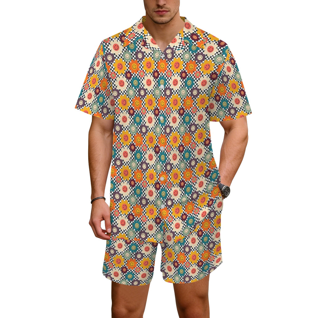 Happy Retro Flowers Men's Hawaiian Shirt & Shorts Set Men's Hawaiian Shirt & Shorts Set Printed Offshore Retro