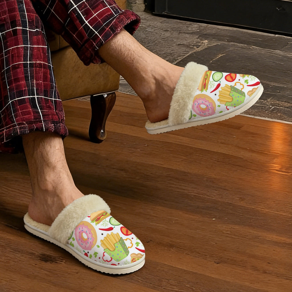 Food Love Men's Fur Trim Thick-Sole Indoor Slippers Men's Fur Trimmed Slippers Food Printed Offshore
