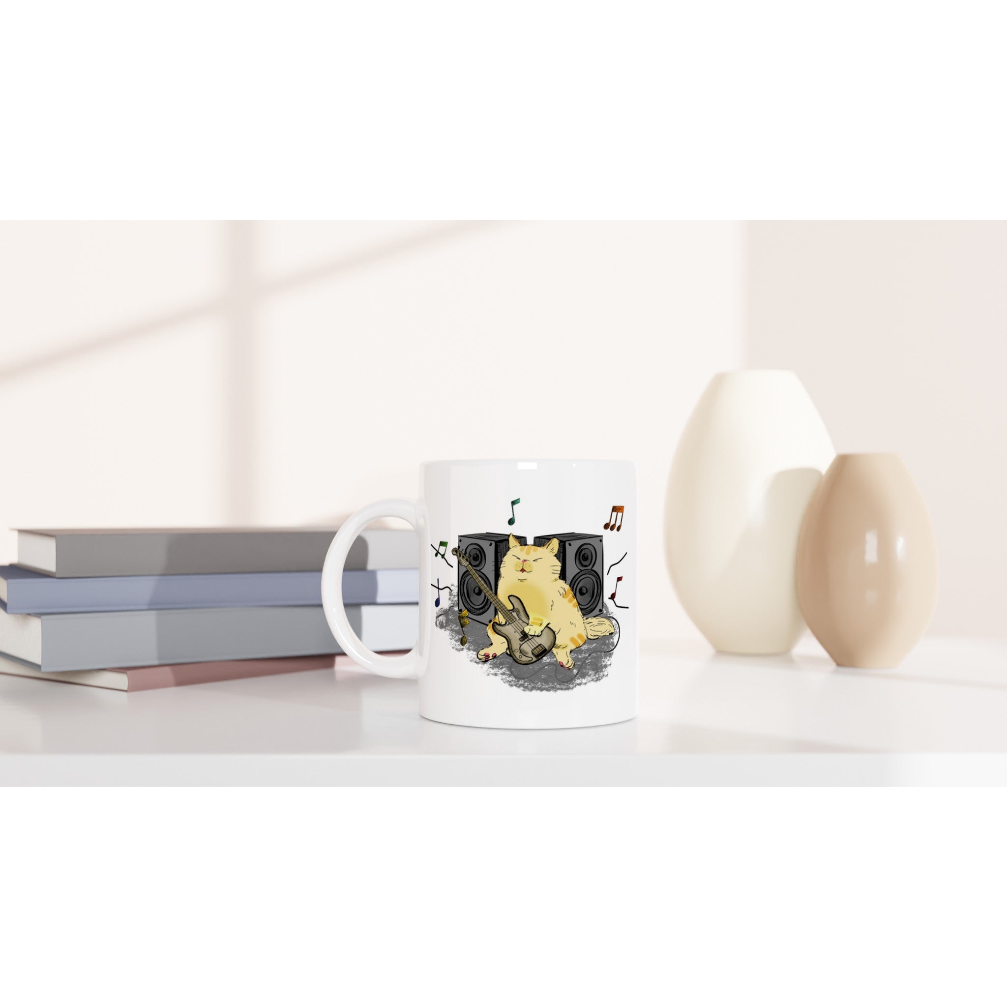 Cat Bass Player - White 11oz Ceramic Mug White 11oz Mug animal Globally Fulfilled Music