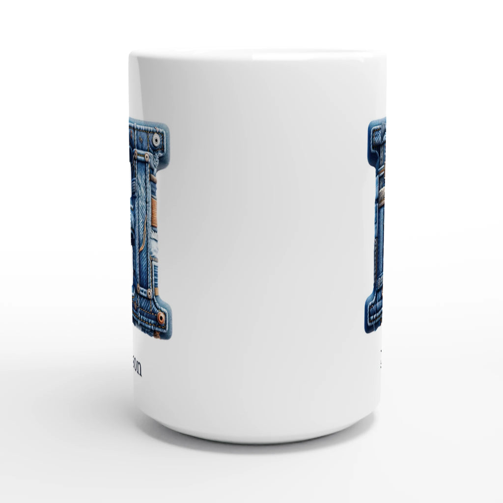 Personalise - Blue Denim Initial - White 15oz Ceramic Mug Personalised 15oz Mug customise Globally Fulfilled Initial Name personalise