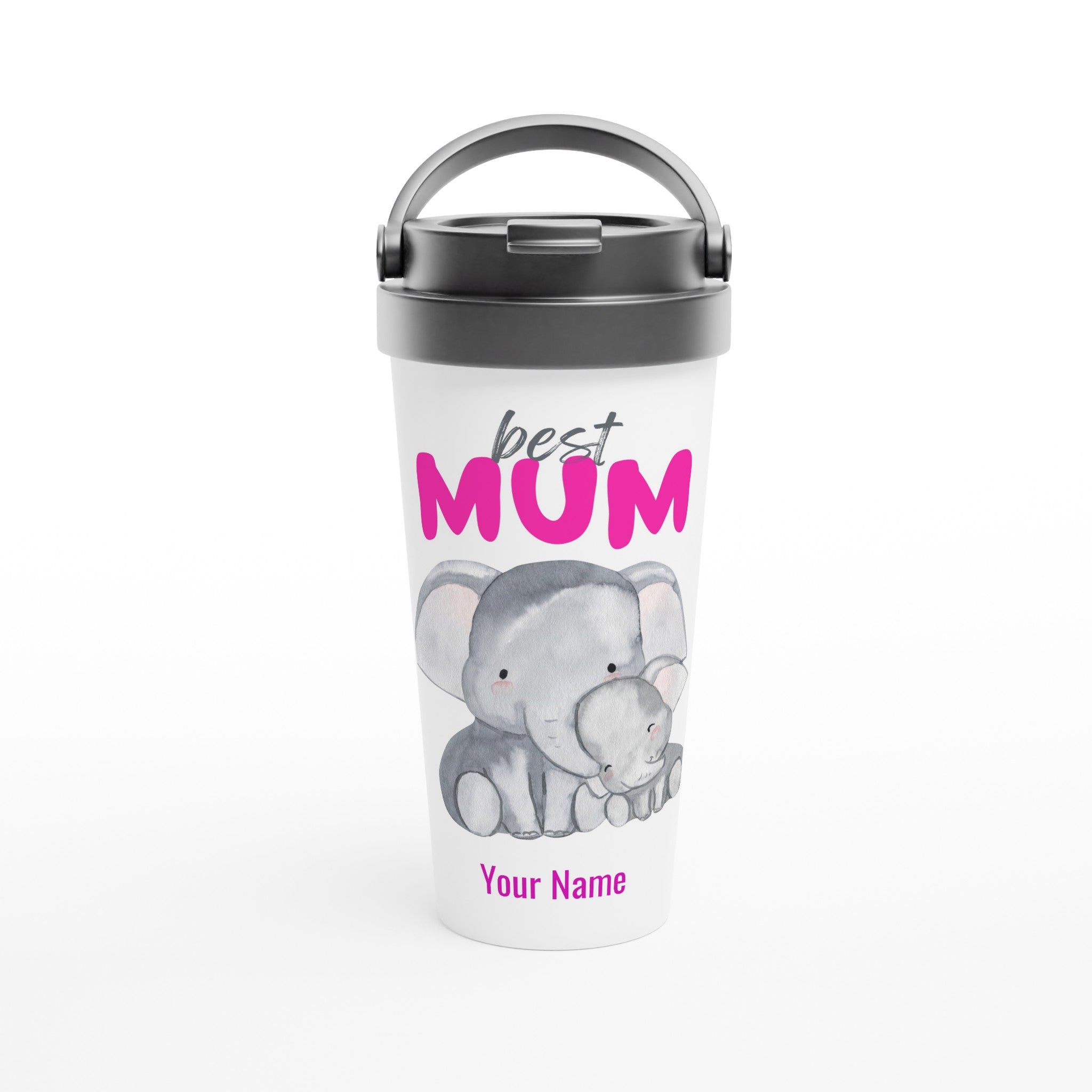 Personalised - Best Mum, Cute Elephants - White 15oz Stainless Steel Travel Mug Default Title Personalised Travel Mug animal customise Globally Fulfilled Mum personalise