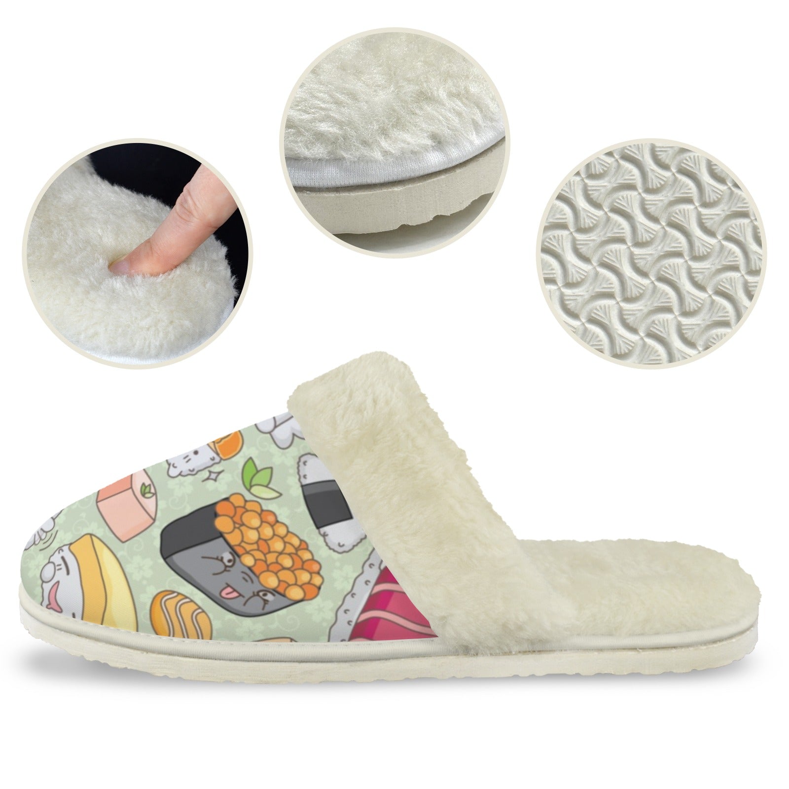 Funny Sushi Men's Fur Trim Thick-Sole Indoor Slippers Men's Fur Trimmed Slippers Food Printed Offshore
