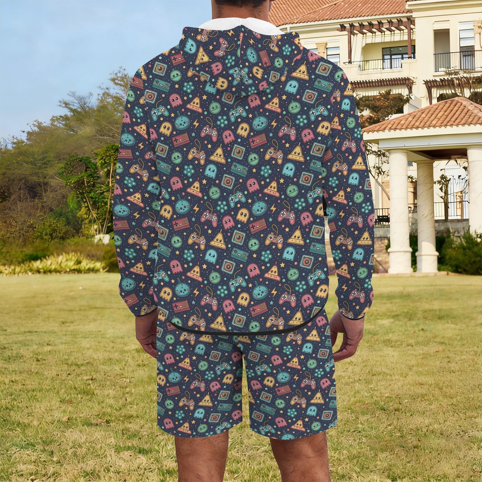 Video Game Men's Lightweight Sun Hoodie & Shorts Set Men's Lightweight Sun Hoodie & Shorts Games Printed Offshore Retro