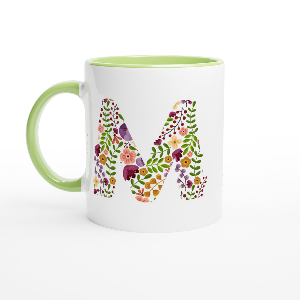 Personalised - Floral Initial - White 11oz Ceramic Mug with Color Inside Ceramic Green Personalised 11oz Mug Customise Globally Fulfilled Name Personalise