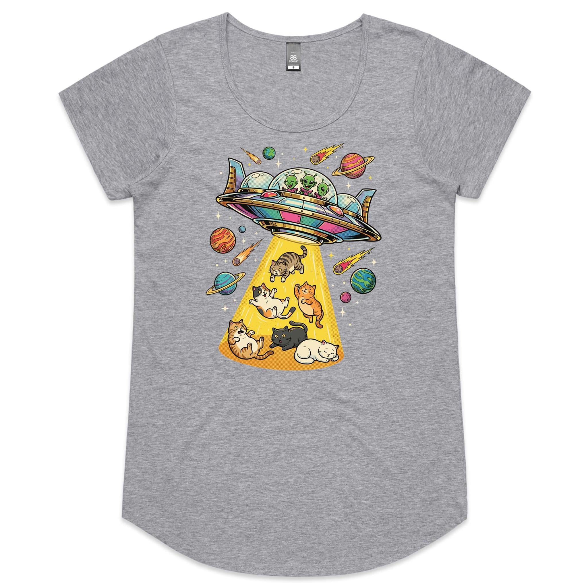 UFO Cat Abduction Women's AS Colour Scoop Neck T-Shirt Grey Marle Womens Scoop Neck T-shirt animal Printed In Australia Sci Fi